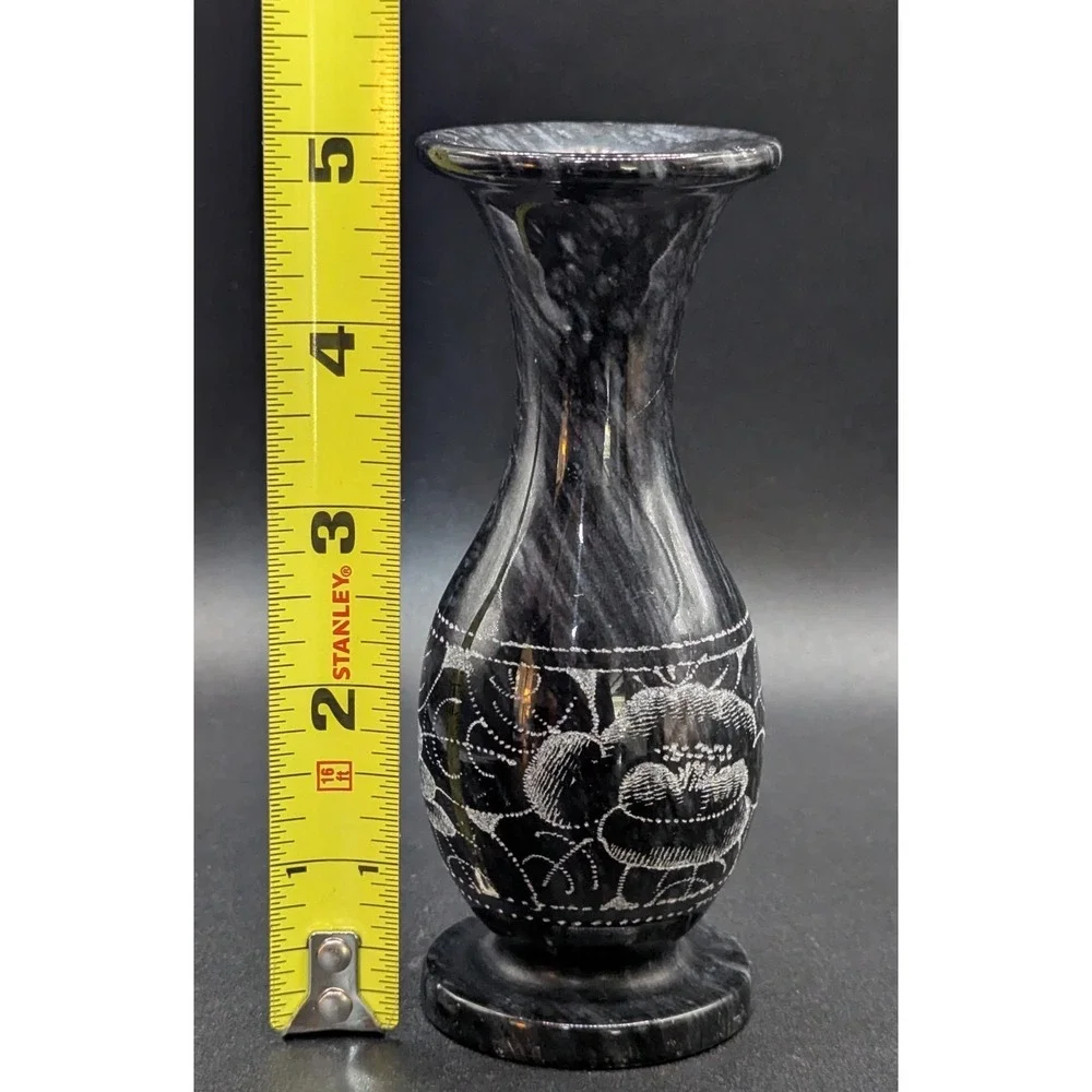 Vintage Black Marble Bud Vase With Etched‎ Florals Polished Base 5